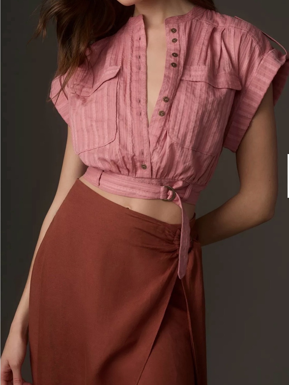 Anthropologie Textured V-Neck Blouse in Rose Pink